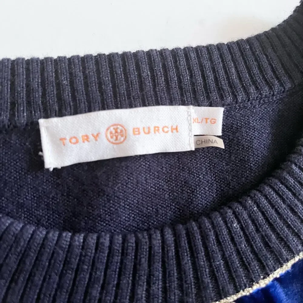 Tory Burch Hollis Floral Foil Print Velvet Front Navy Crewneck Sweater Size XL